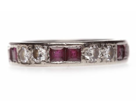 DIAMOND AND RED GEM SET FULL ETERNITY RINGset with pairs of round brilliant cut diamonds interspaced by square step cut red g