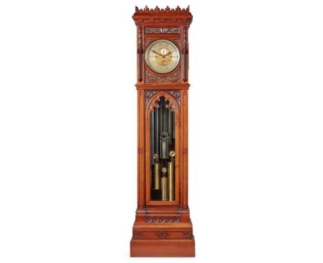 VICTORIAN CARVED OAK GOTHIC STYLE CHIMING LONGCASE CLOCK, ATTRIBUTED TO J J ELLIOTT 19TH CENTURY the hood with trefoil crenel