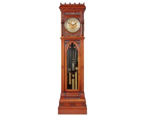 VICTORIAN CARVED OAK GOTHIC STYLE CHIMING LONGCASE CLOCK, ATTRIBUTED TO J J ELLIOTT 19TH CENTURY the hood with trefoil crenel