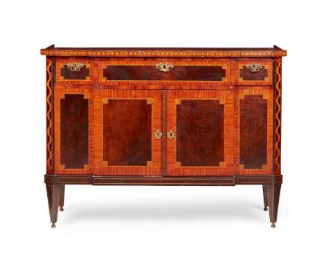 DUTCH NEOCLASSICAL MAHOGANY AND SATINWOOD COMMODE EARLY 19TH CENTURY of breakfront outline, the crossbanded gallery top with 