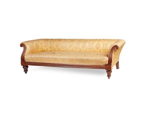 Y WILLIAM IV ROSEWOOD SOFA  EARLY 19TH CENTURY the straight low back and high scrolling moulded arms over a long seat, raised