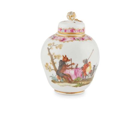 RARE MEISSEN ANTHROPOMORPHIC TEA CANISTER WITH COVER CIRCA 1770-1780 decoration attributed to Johann Georg Loehnig, the body 