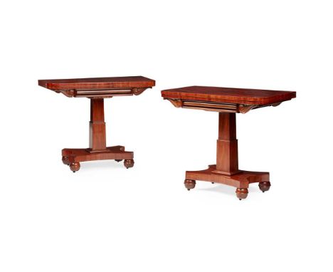 PAIR OF LATE REGENCY MAHOGANY CARD TABLES EARLY 19TH CENTURY the D-shaped fold-over tops opening to green baize playing surfa