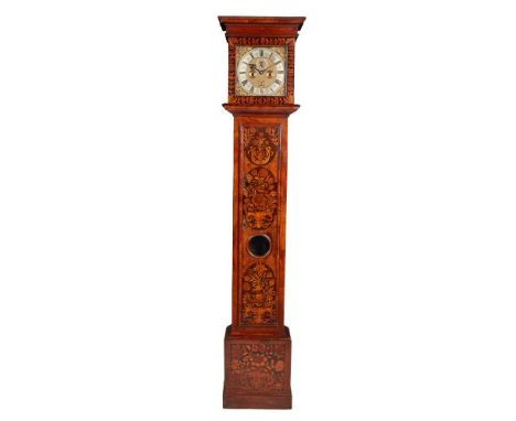 QUEEN ANNE WALNUT AND MARQUETRY LONGCASE CLOCK EARLY 18TH CENTURY the hood with a flat moulded cornice above a square door, e