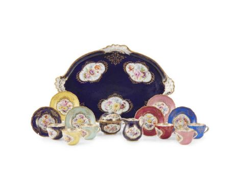 MEISSEN PART COFFEE SERVICE AND TRAY LATE 19TH CENTURY painted with mixed floral bouquets within scrolling gilt cartouche bor