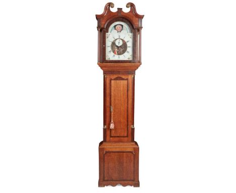 GEORGE III OAK AND MAHOGANY MOONPHASE LONGCASE CLOCK, JOHN PATTISON, HALIFAX LATE 18TH CENTURY the swan neck cornice with emb