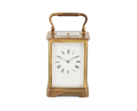 FRENCH GILT BRASS REPEATER CARRIAGE CLOCK, HAMILTON & INCHES, PARIS EARLY 20TH CENTURY the white enamel dial with black Roman
