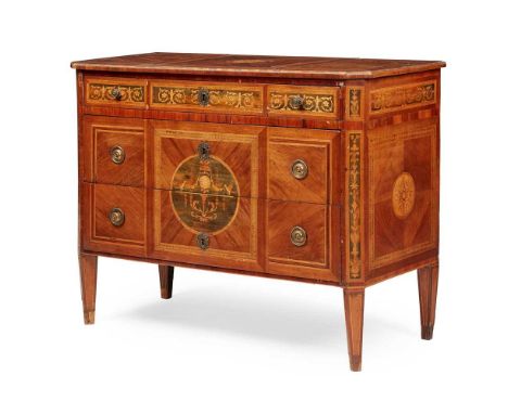 ITALIAN WALNUT AND MARQUETRY COMMODE LATE 18TH CENTURY the top with a central flower motif and canted corners above a long fr