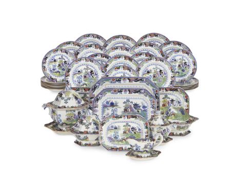 MASON'S IRONSTONE PART DINNER SERVICE MID 19TH CENTURY with underglaze blue and overglaze polychrome enamel decoration, depic
