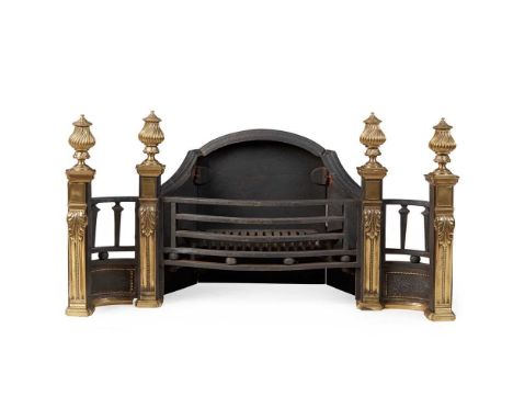 GEORGE II STYLE BRASS AND CAST IRON FIRE GRATE, BY BRATT COLBRAN & CO. EARLY 20TH CENTURY the arched fireback above a grate w