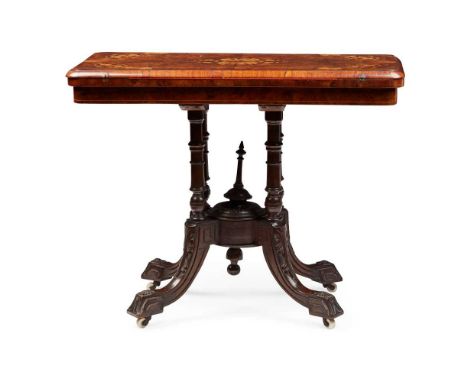 VICTORIAN WALNUT, EBONISED AND FRUITWOOD MARQUETRY CARD TABLE MID 19TH CENTURY the fold-over top with a moulded edge, inlaid 