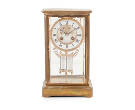 FRENCH BRASS FOUR GLASS MANTEL CLOCK LATE 19TH CENTURY  the white enamel Roman numeral dial with a visible Brocot escapement 