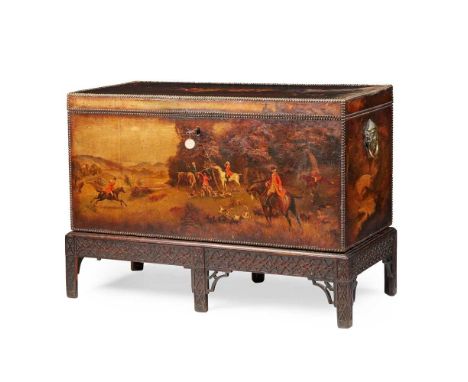 VICTORIAN PAINTED LEATHER HUNTING CHEST-ON-STAND 19TH CENTURY the hinged top painted with a scene of a gentlemen toasting at 