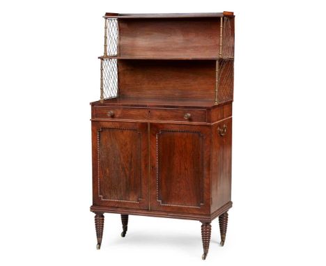 Y REGENCY ROSEWOOD CHIFFONIER EARLY 19TH CENTURY the superstructure with two tiers with wire grille sides, above a long friez