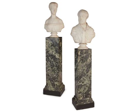 TWO WHITE MARBLE PORTRAIT BUSTS OF SIR JAMES CAIRD AND MARGARET HENRYSON MID 19TH CENTURY each modelled in drapery with socle