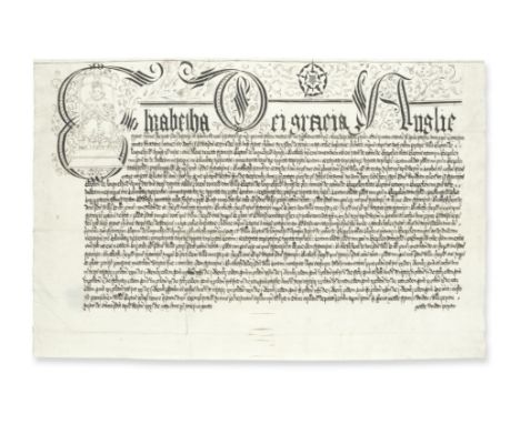 ELIZABETH IInitial letter portrait, showing the Queen enthroned with orb and sceptre, with historiated first line incorporati