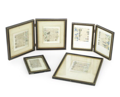 ILLUMINATED MANUSCRIPT LEAVESA collection of 6 illuminated manuscript leaves, from three Book of Hours,  ink on vellum, one (