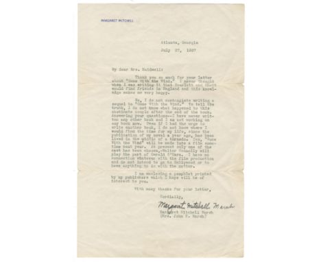MITCHELL (MARGARET)Typed letter signed ('Margaret Mitchell Marsh'), to 'My dear Mrs. Maidwell', thanking her for her letter a