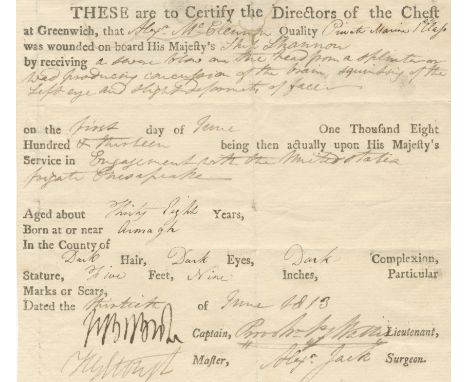 AMERICAN WAR OF 1812 – CHESAPEAKE AND SHANNONPrinted document with manuscript insertions, signed by Captain Broke of the Shan
