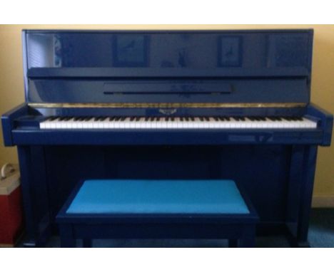 Eavestaff
A recent traditional style upright piano in a bright blue case together with a matching upholstered bench. 