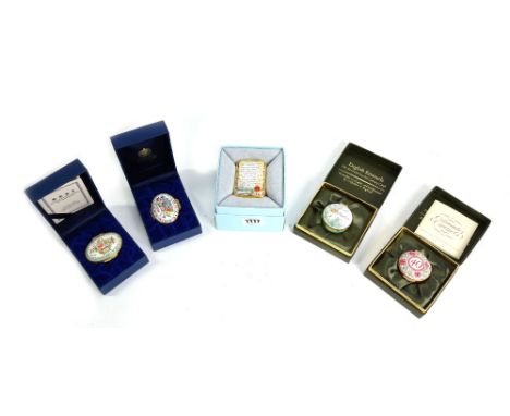 Five Halcyon days enamel boxes, including; a Robert Burns 250th anniversary box, boxed, (5). 
