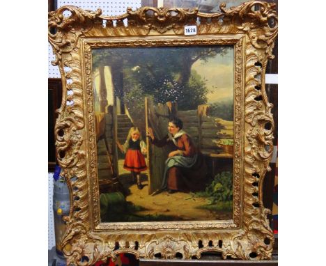 Jan Walraven (1827-1863), Mother and child at a garden gate, oil on panel, signed, 49cm x 37cm.