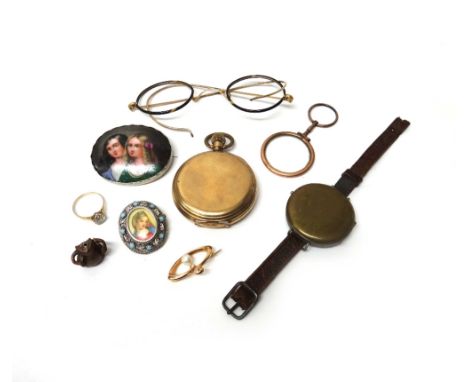 A gold brooch of oval form, mounted with a single cultured pearl, a gilt metal cased, keyless wind hunting cased gentleman's 