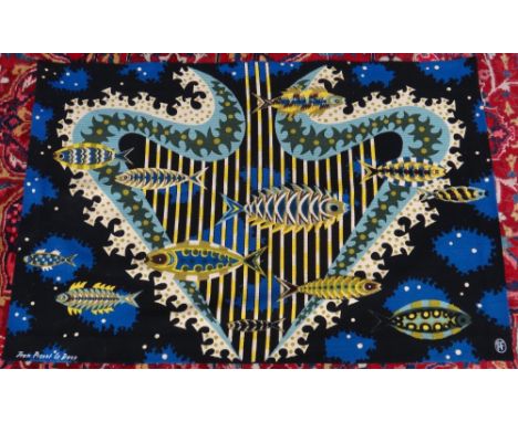 After Jean Picart Le Doux; 'La Harpe Marine', tapestry with a composition of fish, with painted signature and maker's initial