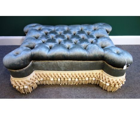Peter Dudgeon, London; a 20th century button upholstered rectangular footstool, with outstepped rounded corners and tassel fr