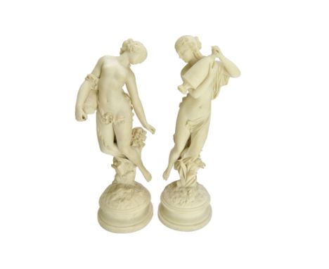 A pair of parian ware figures, 'Morning Dew' and 'Evening Dew', circa 1855, probably by Royal Worcester, 35cm high (2).   Ill