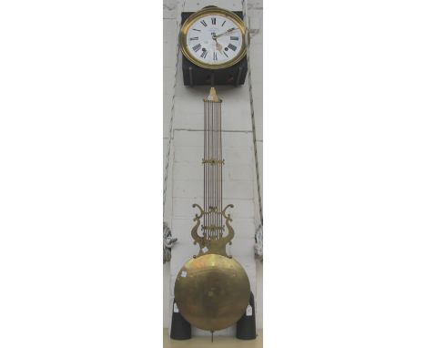 A French wall clock, 19th century, the white enamel dial signed 'Establie, Decazeville' enclosing a two train movement, (pend