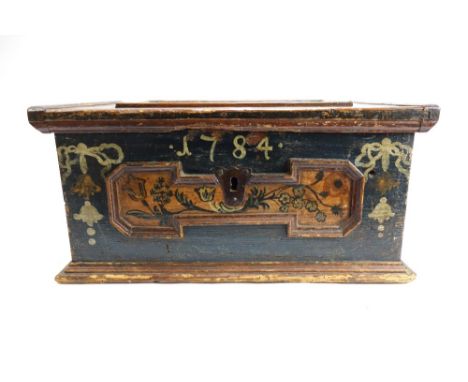 A late 18th century North European painted pine trunk, with geometric moulded front, 58cm wide.