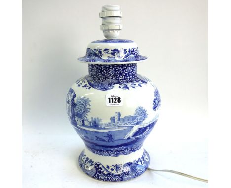 A quantity of Spode blue and white pottery decorated in The Italian Garden pattern, comprising; a table lamp, 30cm high, a ju