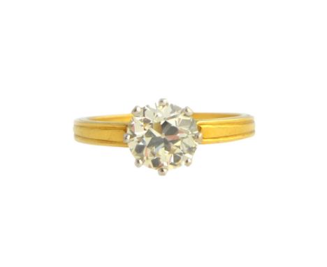 A gold and diamond single stone ring, claw set with a cushion shaped diamond, the diamond weighs approx 1.40 cts, ring size O