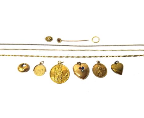 A gold neckchain, in a multiple link design, various parts of chains and safety chains, a gem set heart shaped pendant locket