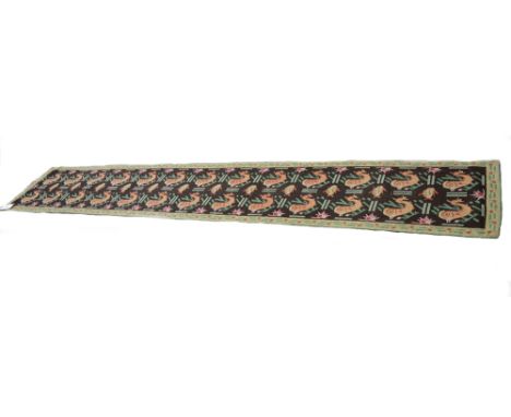 A needlework flatweave runner decorated with seahorses, shells and fishes, possibly French, 356cm x 61cm; and a quantity of s