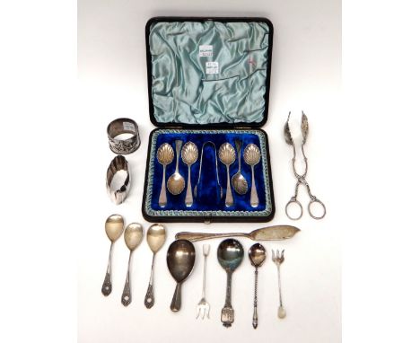 Silver and silver mounted wares, comprising; a set of six Victorian coffee spoons with scalloped bowls, Sheffield 1888, a mat