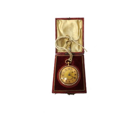 A lady's gold cased and seed pearl set, key wind, openfaced French fob watch, the gilt movement detailed Bourbon Palais Royal