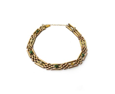 A gold, turquoise and half pearl set bar and oval link gate bracelet, on a snap clasp, detailed 9 CT, fitted with a safety ch
