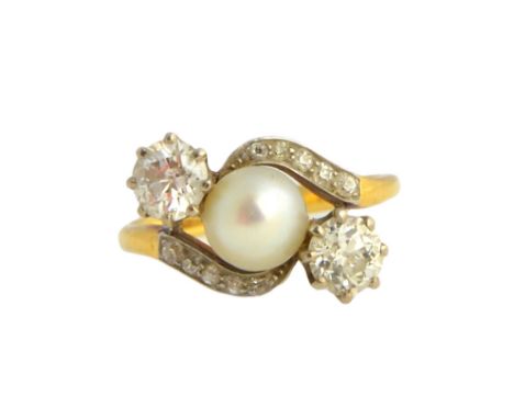 A gold, diamond and cultured pearl ring, mounted with the cultured pearl at the centre, between the two principal cushion sha