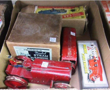 A Minic fire engine, boxed, a Triang Tractor no.2, a Hobbies S.E.I. steam engine, a Chad Valley remote control car, and a Met