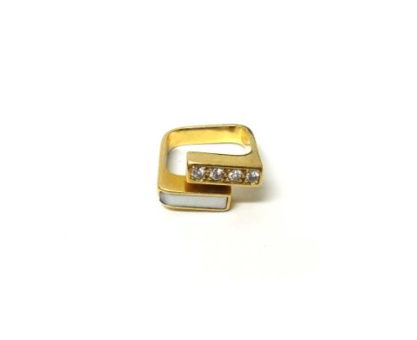 A gold, diamond and mother of pearl ring, in a square abstract design, mounted with a row of four circular cut diamonds and w