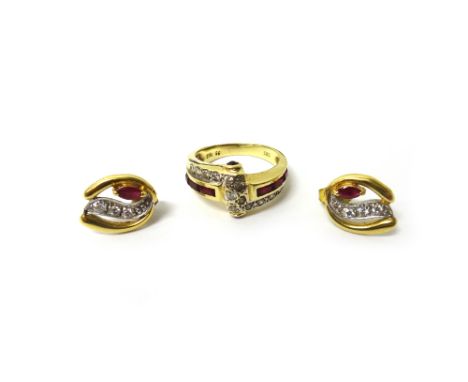 A gold, red and colourless gem set ring, in a twist design, detailed 585, ring size N and a half and a pair of gold, marquise