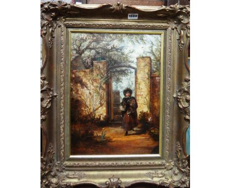 Frederick Goodall (1822-1904), The garden gate, oil on panel, signed with monogram, 40cm x 29cm.