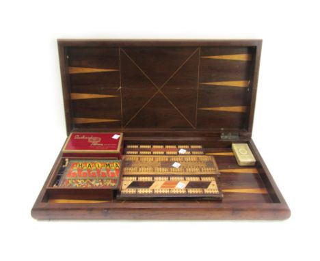 A 19th century Irish Killarney arbutus and boxwood folding chess/backgammon board, together with counters and pieces, 57cm wi