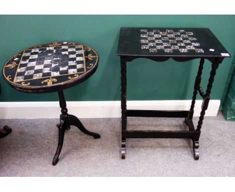 A matched collection of small papier mâché furniture, to include; a rectangular table, 50cm wide, a low circular table, a tri