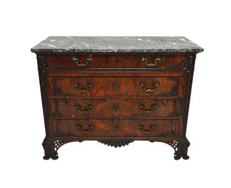 A 19th century French commode, the rectangular grey marble top over carved mahogany base of four long drawers, on pierced bra