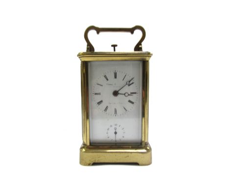 A French brass cased hour repeating carriage clock, 19th century, the white enamel dial plate indistinctly marked with maker'