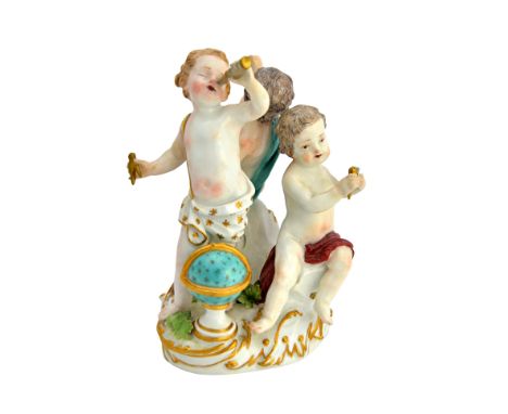 A Meissen group allegorical of Science, circa 1760-70, modelled as three putti on a scroll moulded base, one with a telescope