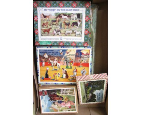 A quantity of Victory vintage wooden jigsaw puzzles, comprising; British Battleship, Golden Arrow, Ponda, The Circus, Dog, Ch